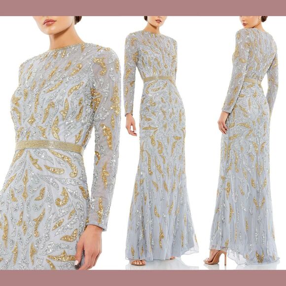 NWT Mac Duggal [ 10 ] 5124 Beaded Long‎ Sleeve Evening Gown Platinum Gold